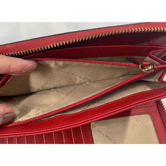 Michael Kors Wallet Womens Large Red Pebble Leather Zip Around Wristlet Purse - Picture 6 of 8